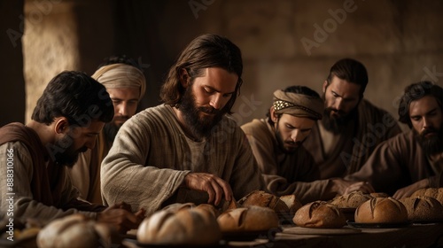 Jesus breaking bread with his disciples during the Last Supper, a scene of religious significance and fellowship.
