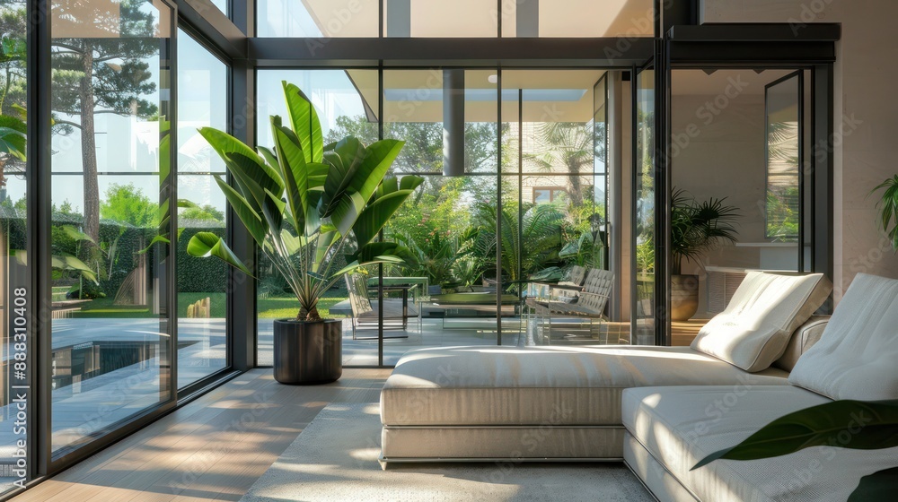 modern conservatory in a suburban home, with glass walls and a climate-controlled environment for exotic plants modern conservatory in a suburban home, with glass walls and a climate-controlled environment for exotic plants