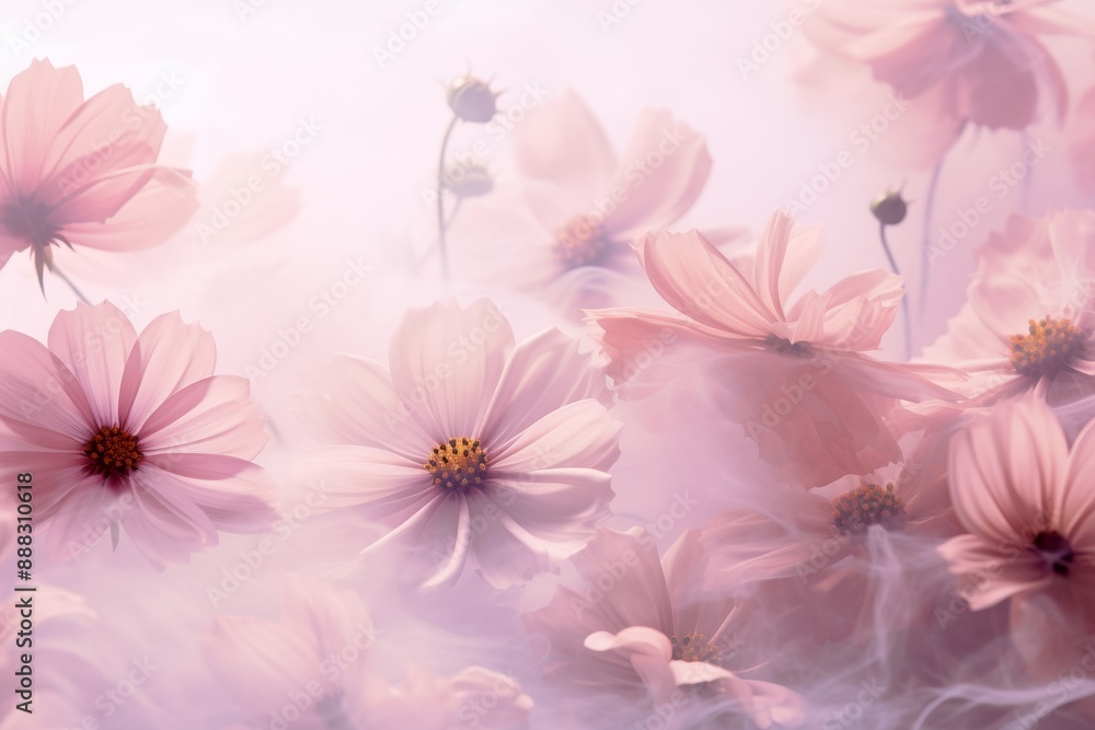 Obraz premium Cosmos flowers in a dreamy pastel landscape.