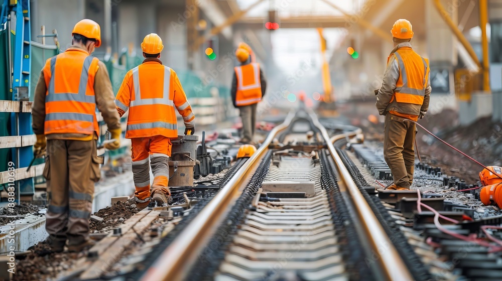German construction worker at railway site engaged in work on train track construction project German construction worker at railway site engaged in work on train track construction project