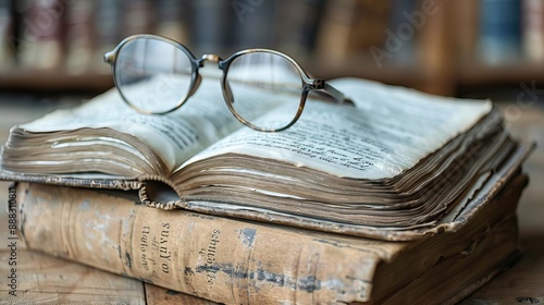 Vintage eyeglasses resting on an open old book with a second book beneath it, suggesting a scholarly and nostalgic atmosphere. photo