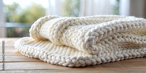 White Chunky Knit Blanket on Wooden Table, Cozy, Home Decor, Winter , Blanket , Knit