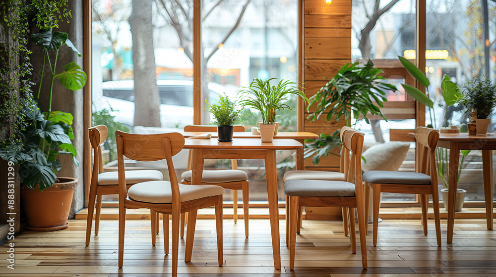 Cozy Cafe Interior with Natural Wood Furnishings and Lush Green Plants
