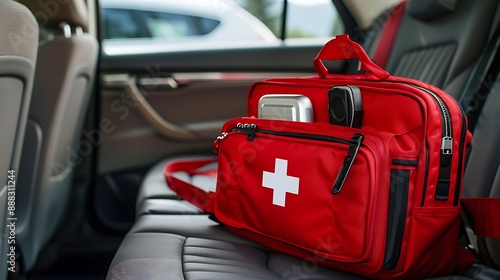 A first aid kit in your car's emergency kit ensuring road safety and quick response to emergencies
