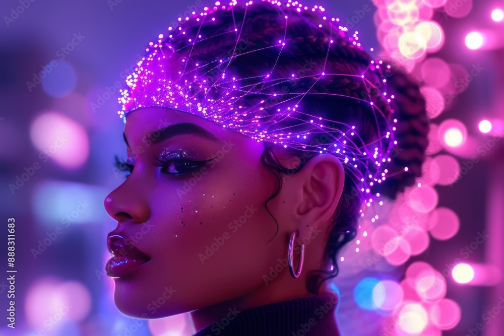 Portrait of a woman with neon lights, illustrating beauty and technology in a vibrant, high-tech visual Portrait of a woman with neon lights, illustrating beauty and technology in a vibrant, high-tech visual