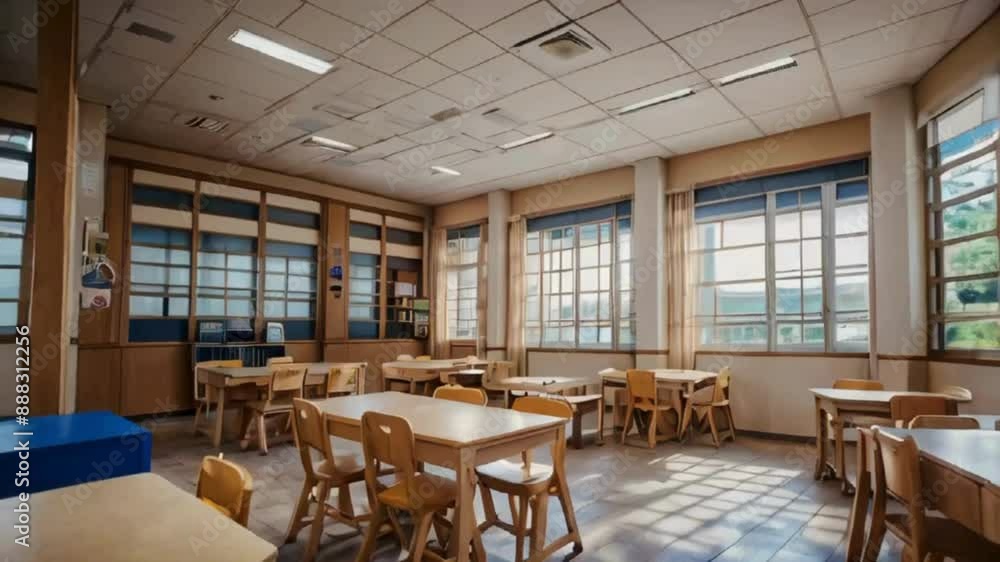 Empty Classroom with Wooden Desks and Chairs, Windows, and Light Streaming In Empty Classroom with Wooden Desks and Chairs, Windows, and Light Streaming In