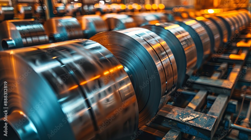 Fototapeta premium Steel rolls in an industrial factory setting, ideal for manufacturing and industrial applications