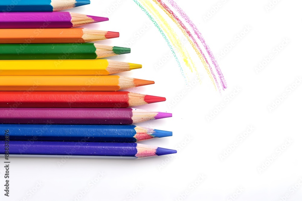 Colored pencils and a drawn rainbow on a white background. Colored pencils and a drawn rainbow on a white background.