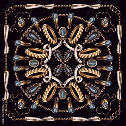 Design scarf with keys, jewelry and chain. Vector.