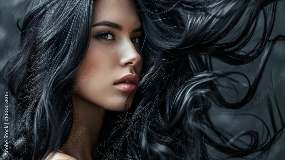 Beautiful woman with luxurious black long hair as background. Fashion lady with brunette Saturated healthy shiny hair after dyeing. Concept of recovery structure. Hair cosmetics, haircare Beautiful woman with luxurious black long hair as background. Fashion lady with brunette Saturated healthy shiny hair after dyeing. Concept of recovery structure. Hair cosmetics, haircare