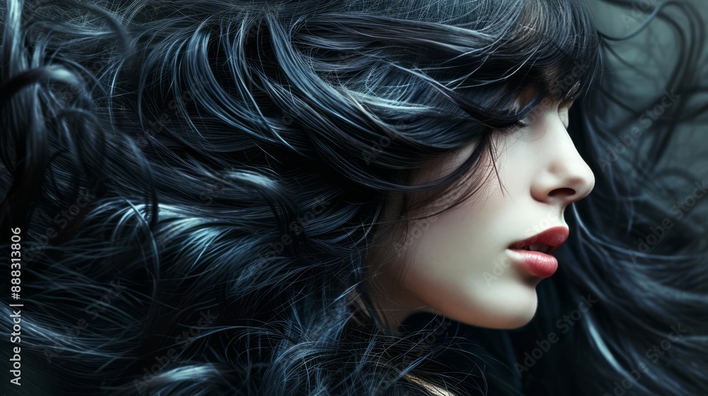 Beautiful woman with luxurious black long hair as background. Fashion lady with brunette Saturated healthy shiny hair after dyeing. Concept of recovery structure. Hair cosmetics, haircare Beautiful woman with luxurious black long hair as background. Fashion lady with brunette Saturated healthy shiny hair after dyeing. Concept of recovery structure. Hair cosmetics, haircare