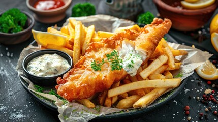 Tasty fish and chips served on a stylish black dish at a casual eatery