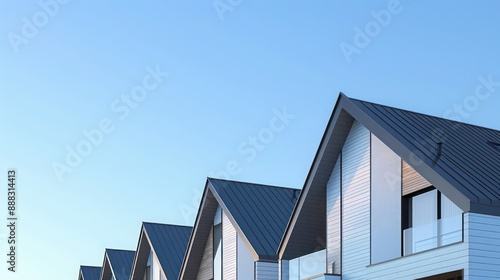 detailed view of a suburban modern home's roofline against a clear blue sky, emphasizing its unique architecture