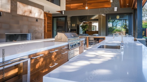 detailed view of a suburban mid-century modern homea??s outdoor kitchen, with custom countertops and integrated appliances photo