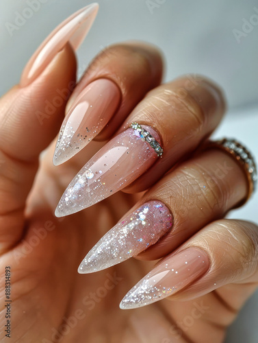 Sparkling Elegance: A Close-Up of Delicate, Glitter-Dusted Nails photo