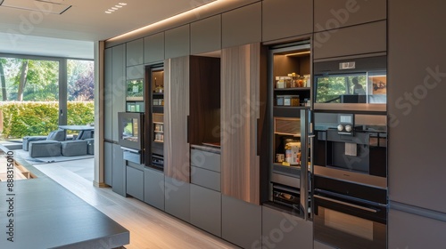 detailed view of a suburban modern home's custom cabinetry, featuring hidden appliances and touch-sensitive doors photo