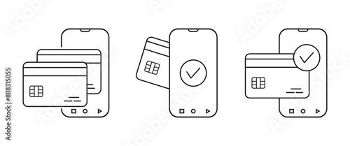 thin line easy contactless payment icon, Phone with credit card, check mark outline icon, Online payment concept. Digital money transfer. Secured or verified bank wallet. eps 10.