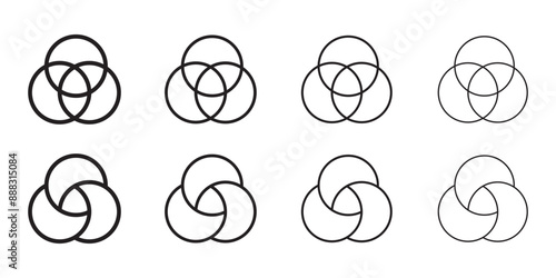 Venn diagram three overlapping circles chart line icon set, Business presentation Venn vector chart, Blank outline wire frame circle overlap chart.