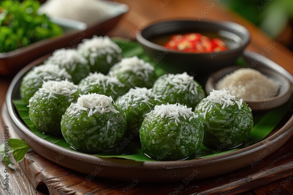 Indonesia Klepon Small, green glutinous rice balls filled with palm sugar, coated in grated coconut, arranged on a banana leaf Indonesia Klepon Small, green glutinous rice balls filled with palm sugar, coated in grated coconut, arranged on a banana leaf