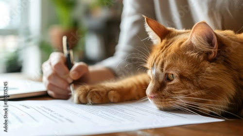 Signing a pet medical insurance contract. Contract form, person's hand and cat's paw on the table. Animal life insurance, pet care, animal protection.