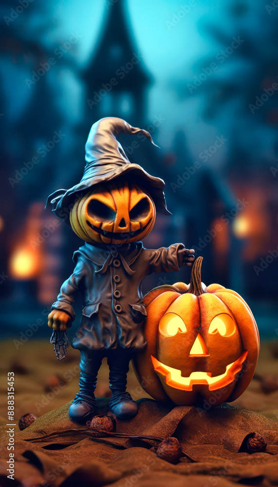 Naklejka premium A Jack-O'-Lantern's Haunting Gaze on a Spooky Halloween Night