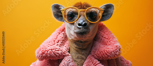 A Curious Lemur Wearing Glasses and a Pink Fur Coat in Front of a Yellow Background photo