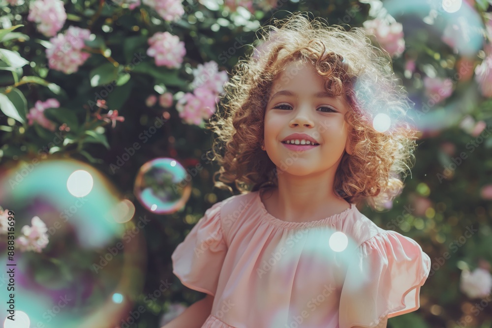 Cheerful white girl with curly hair and short haircut in a pink dress, playing with soap bubbles in the garden, sunny morning. Cheerful white girl with curly hair and short haircut in a pink dress, playing with soap bubbles in the garden, sunny morning.