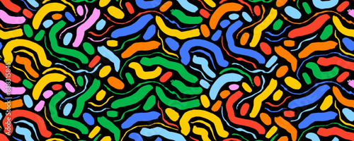 Fun colorful line doodle seamless pattern. Squiggles, scribble brush strokes and crayon lines. Creative abstract modern curved wavy background in fun childish style. Squiggle style drawing.