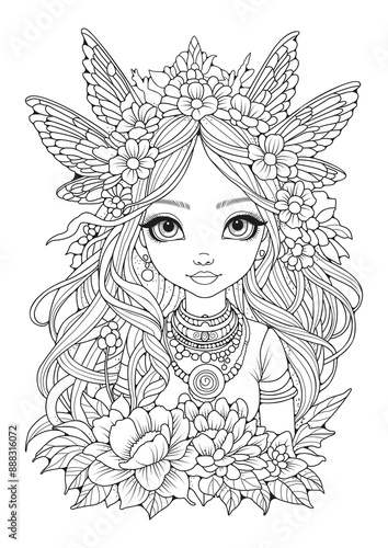 Cute elf girl in a flower garden. Art therapy for children and adults. Illustration for coloring. Art line.