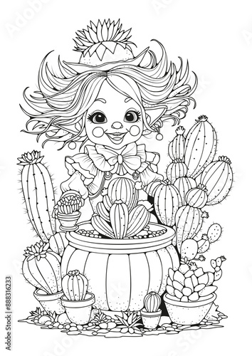 A cheerful clown stands among potted cactus flowers. Coloring page. Therapy for children and adults. Black and white illustration for coloring.