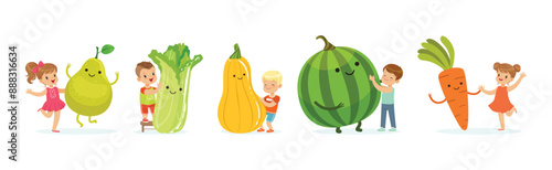 Cute Little Children Having Fun and Playing with Big Fruits and Vegetables Vector Set