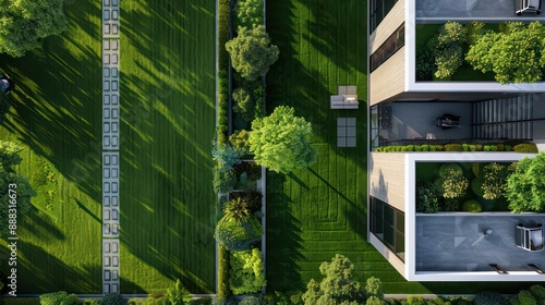 birda??s eye view of a suburban modern home with a neatly trimmed lawn and a symmetrical garden design photo