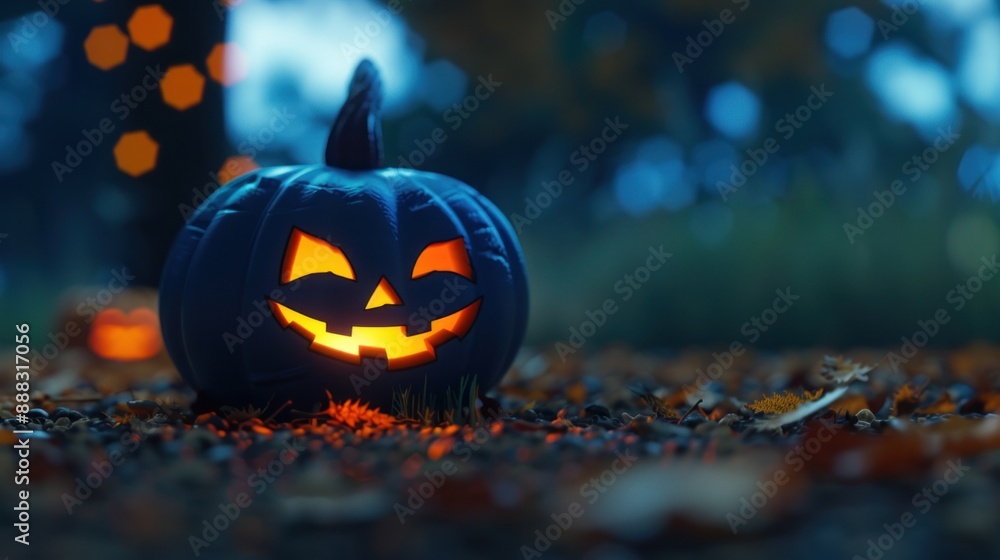 Glowing jack-o-lantern on autumn leaves, spooky night. Glowing jack-o-lantern on autumn leaves, spooky night.