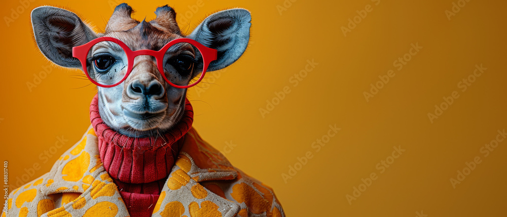 Giraffe Wearing Red Glasses and Sweater In Front of a Yellow Background Giraffe Wearing Red Glasses and Sweater In Front of a Yellow Background