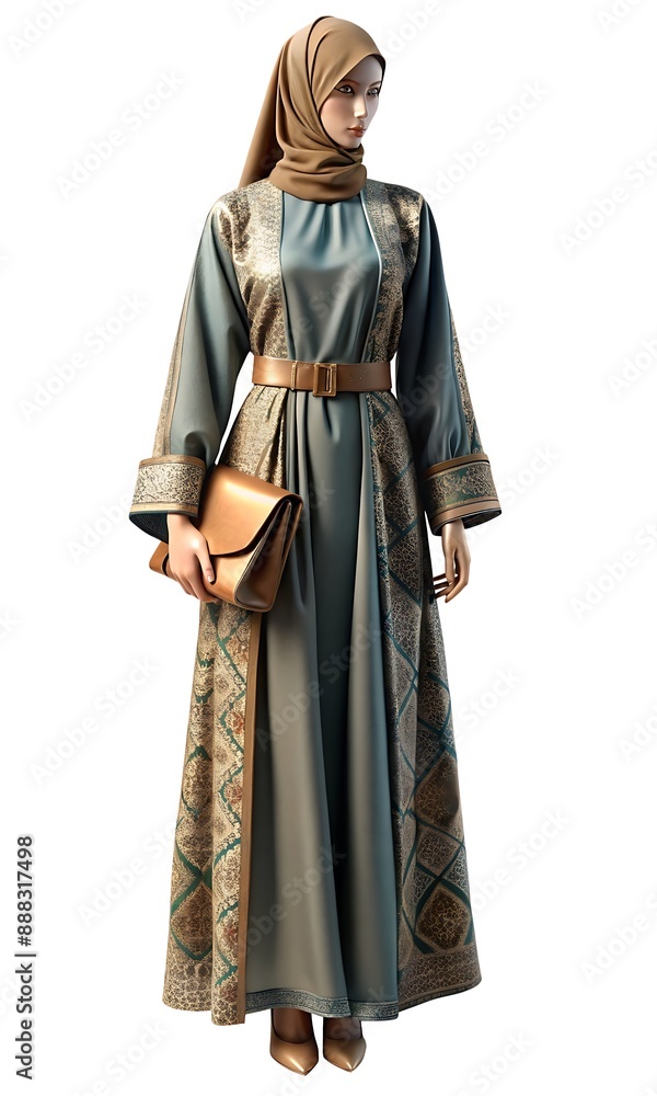 Special occasion look, Kaftan, hijab, sandals, and clutch on mannequin Special occasion look, Kaftan, hijab, sandals, and clutch on mannequin