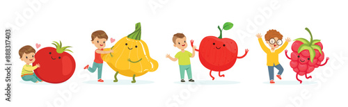 Cute Little Children Having Fun and Playing with Big Fruits and Vegetables Vector Set