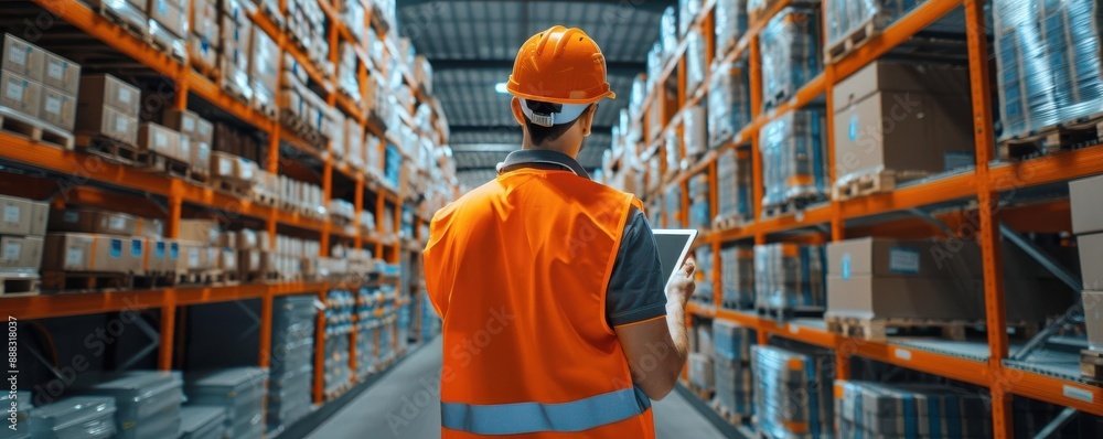 Focused warehouse manager in safety gear checking inventory on tablet in well-organized warehouse. Efficient logistics and compliance inspection Focused warehouse manager in safety gear checking inventory on tablet in well-organized warehouse. Efficient logistics and compliance inspection