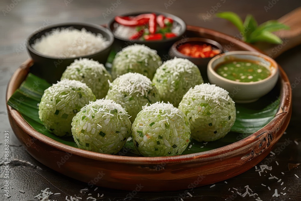 Indonesia Klepon Small, green glutinous rice balls filled with palm sugar, coated in grated coconut, arranged on a banana leaf Indonesia Klepon Small, green glutinous rice balls filled with palm sugar, coated in grated coconut, arranged on a banana leaf