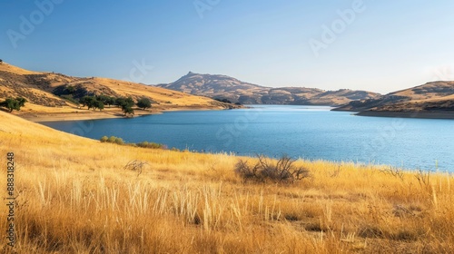 A peaceful late summer view of Marian Lake, with the lake's deep blue waters contrasting sharply with the dry, golden grass of the surrounding hills under a clear sky.