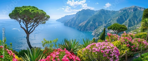 Panoramic View of the Amalfi Coast with Blooming Flowers