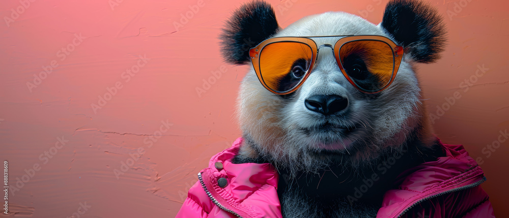 A Cool Panda Wearing Sunglasses and a Pink Jacket in Front of a Pink Wall A Cool Panda Wearing Sunglasses and a Pink Jacket in Front of a Pink Wall