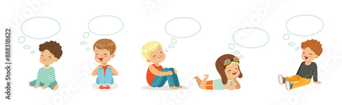 Little Boy Sit and Dreaming of Something Vector Set