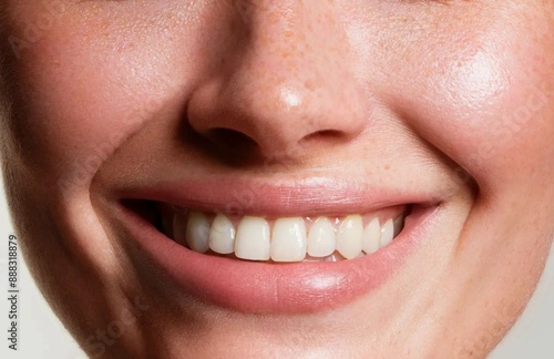 A picture of them Close-up of an unrecognizable young woman's face with a light background, fresh and smooth skin, and pink lips. 