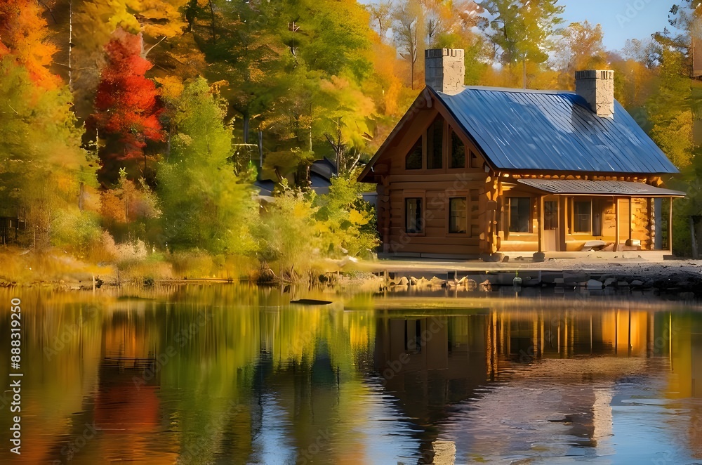 Water reflection of a log cabin the woods Water reflection of a log cabin the woods