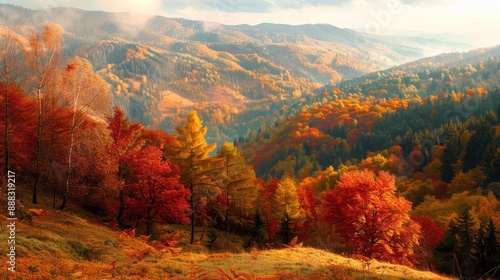 A scenic view of a mountainous landscape during fall, with trees in shades of orange, red, and yellow, basking in the soft glow of the autumn sun. © Faisal Ai