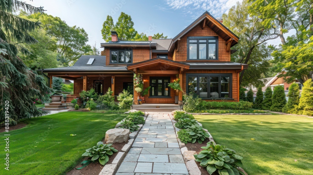 cozy suburban farmhouse with a spacious front yard, featuring a natural wood facade and a stone walkway cozy suburban farmhouse with a spacious front yard, featuring a natural wood facade and a stone walkway