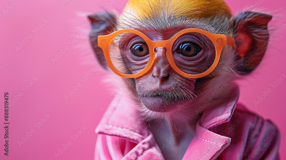 Fototapeta premium Close-Up Portrait of a Monkey Wearing Glasses and Pink Jacket Against a Pink Background