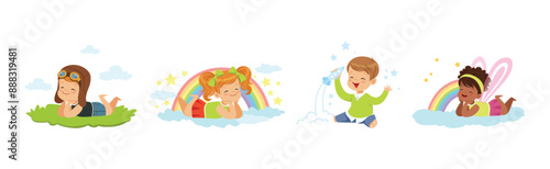 Little Boy and Girl Sit and Dreaming of Something Vector Set