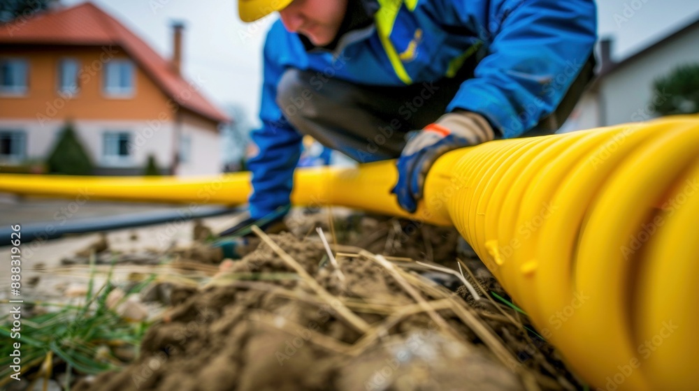 Worker Installing Yellow Flexible Pipes in Trench. Generative ai. Worker Installing Yellow Flexible Pipes in Trench. Generative ai.
