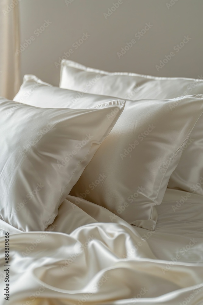 Luxurious White Silk Bed Sheets and Pillows in a Bright Room. Generative ai. Luxurious White Silk Bed Sheets and Pillows in a Bright Room. Generative ai.